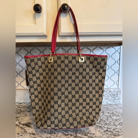 Gucci Black GG Monogram Canvas Tote with Red Leather - Picture 1 of 14